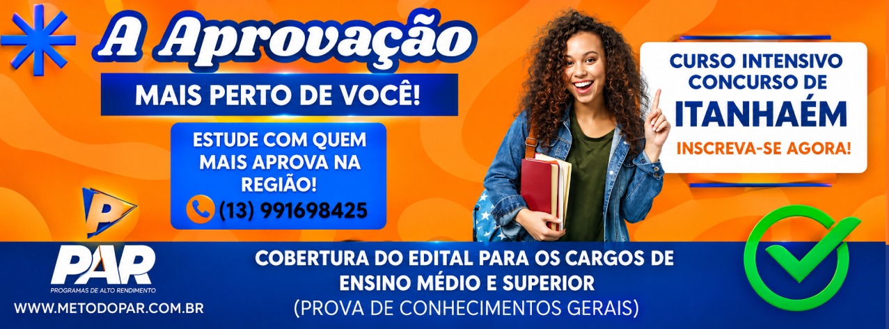 Curso Intensivo Concurso de Itanhaém do PAR, para cargos de ensino médio e superior. Inscreva-se agora.